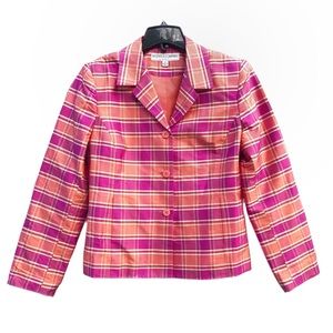 Kasper Shantung 100% Silk Plaid Shimmer Checkered Blazer Button Up Jacket EUC 8